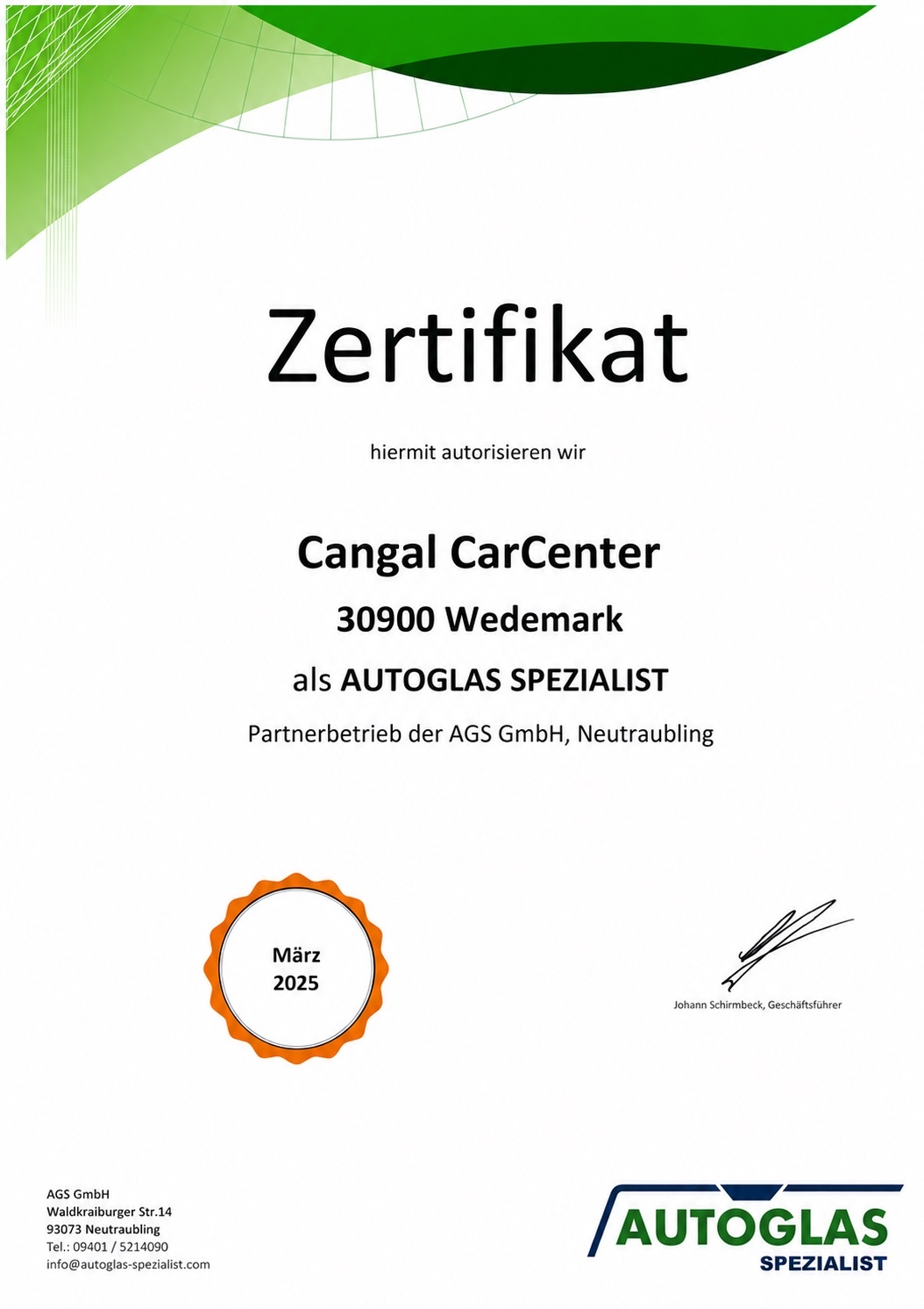 Zertifikat Cangal Car Center Autoglas